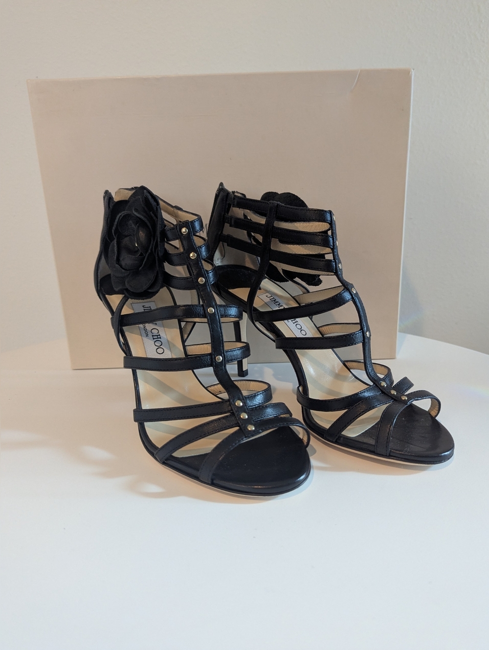 Jimmy Choo Opaque Black Leather Flower Caged Strappy Sandals Size 38 + Box